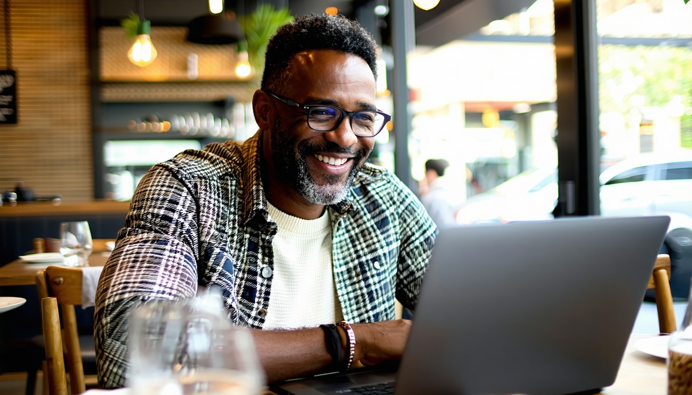 Black restaurant owner at table looking at laptop smiling confident-1