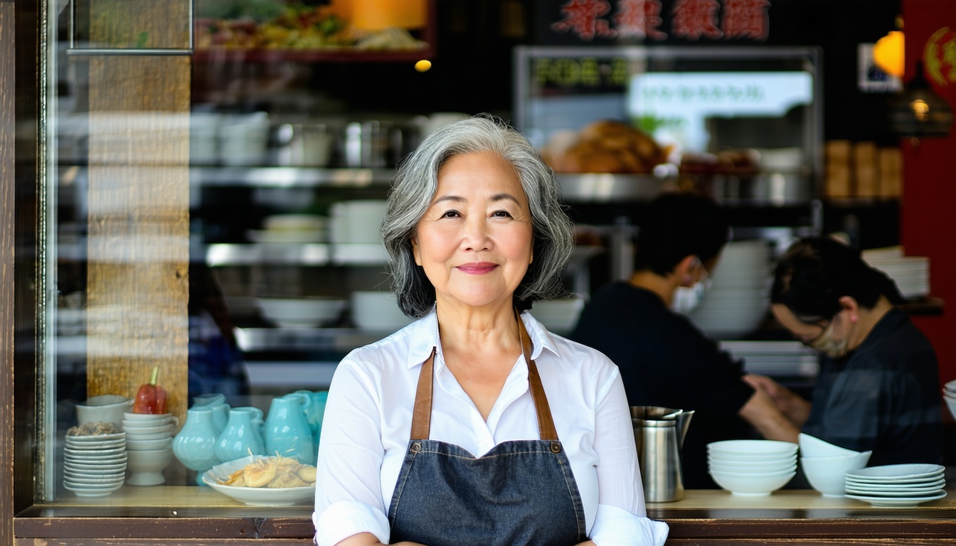 Confident female Asian restaurant owner older gray hair in front of restaurant people viewable inside through the window