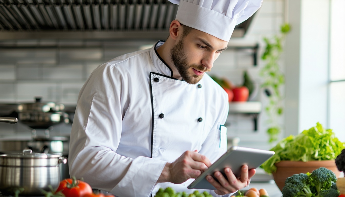 Restaurant chef cooking in kitchen looking at tablet-1